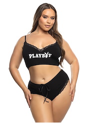Front view of PLAYBOY COMFY BUNNY 2PC CROPPED CAMI PLUS SIZE SET