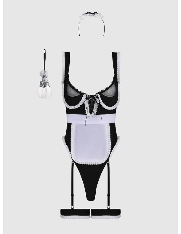 MAID TEDDY W/ APRON HEADPIECE & DUSTER ALT3 view Color: BW