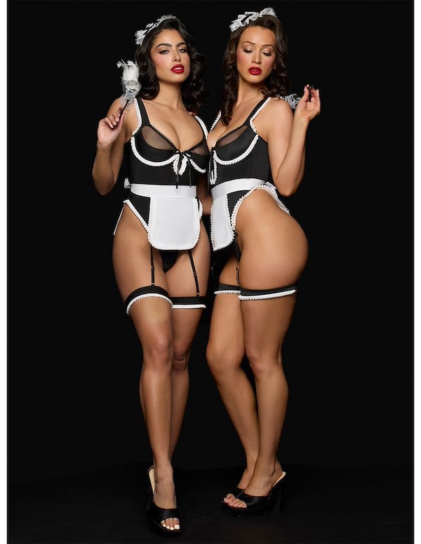 PLUS SIZE MAID TEDDY W/ APRON HEADPIECE & DUSTER ALT2 view Color: BW