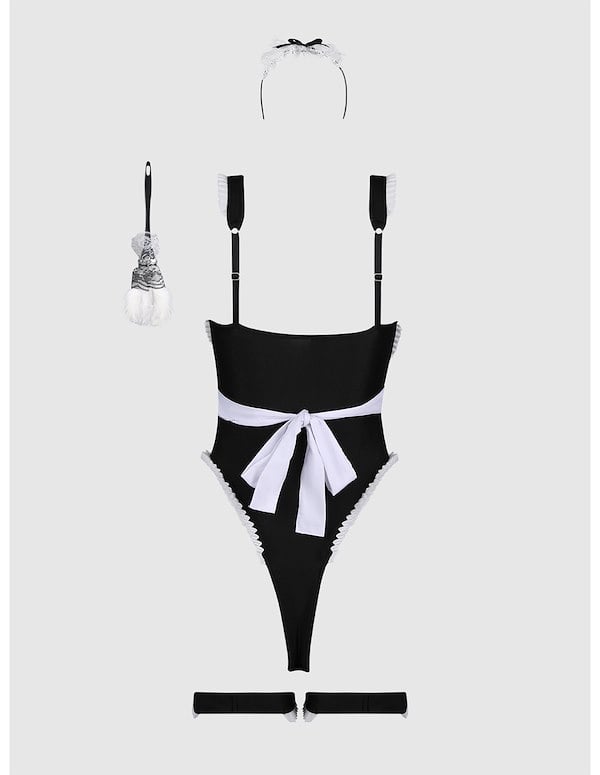 PLUS SIZE MAID TEDDY W/ APRON HEADPIECE & DUSTER ALT4 view Color: BW