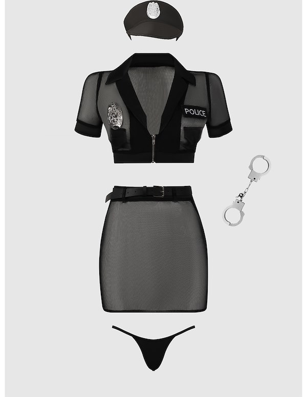 PLUS SIZE UNDER ARREST MESH TOP AND OPEN BACK SKIRT SET W/ CUFFS ALT3 view Color: BK