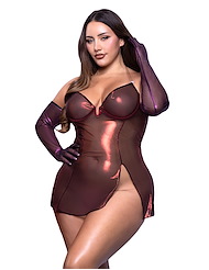 Front view of HOLLYWOOD SCARLET SHIMMER DRESS & GLOVES
