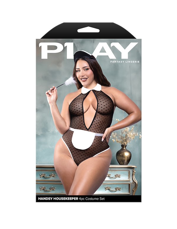HANDSY HOUSEKEEPER 4PC PLUS SIZE MAID COSTUME SET ALT4 view Color: BW