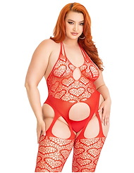 Front view of HEART NET SUSPENDER BODYSTOCKING