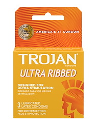 Front view of TROJAN 3PK RIBBED ULTRA