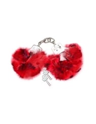 Alternate back view of RABBIT FUR HANDCUFFS RED